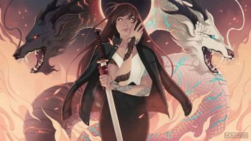 Картинка фэнтези красавицы+и+чудовища девушка меч драконы