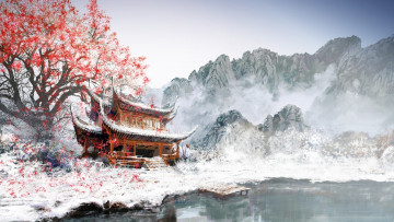 Картинка рисованные природа горы снег азия здание