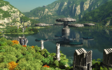 Картинка 3д графика fantasy фантазия дома озеро горы
