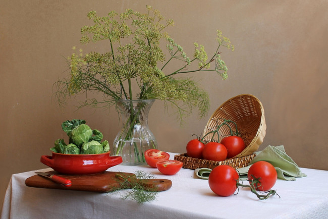 Обои картинки фото еда, овощи, укроп, помидоры, капуста