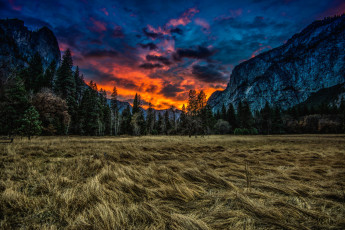 Картинка природа восходы закаты трава луг облака закат национальный парк йосемити горы деревья калифорния сша usa yosemite national park