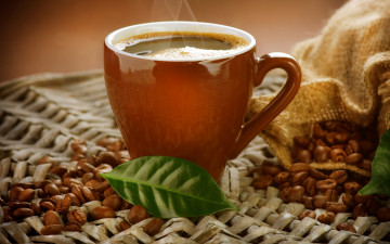 Картинка еда кофе +кофейные+зёрна аромат чашка листики кофейные зерна