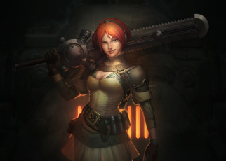 Картинка фэнтези девушки огонь решетка рыжая улыбка меч девушка