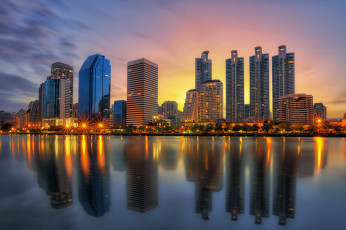 обоя bangkok city downtown, города, бангкок , таиланд, рассвет, залив, небоскребы