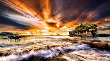 Картинка природа восходы закаты остров море лодка закат