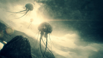 Картинка фэнтези существа creatures huge jellyfish floating sky