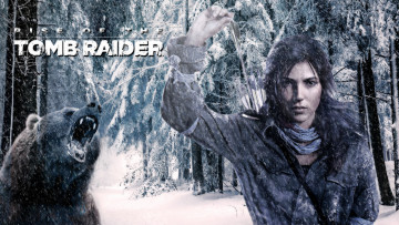обоя rise of the tomb raider, видео игры, медведь, снег, лес, фон, взгляд, мужчина