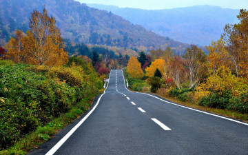 обоя природа, дороги, лес, деревья, горы, шоссе, дорога, осень