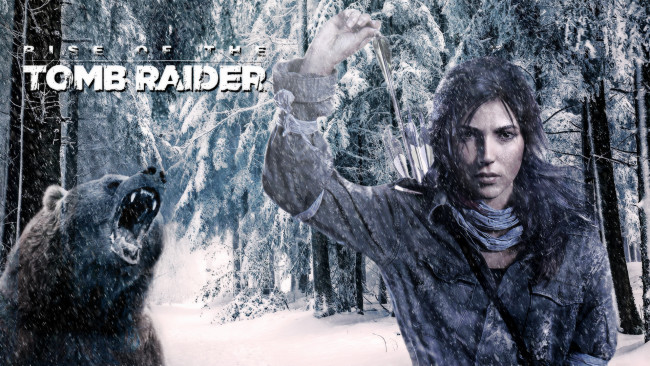 Обои картинки фото rise of the tomb raider, видео игры, медведь, снег, лес, фон, взгляд, мужчина