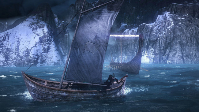 Обои картинки фото видео игры, the witcher 3,  wild hunt, горы, море, лодка
