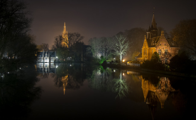 Обои картинки фото города, замки бельгии, ночь, брюгге, западная, фландрия, бельгия, огни, отражение