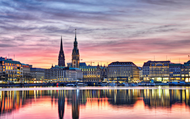 Обои картинки фото города, гамбург , германия, дома, вечер, закат, огни, река, набережная, гамбург