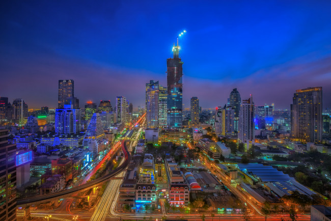 Обои картинки фото bangkok city night, города, бангкок , таиланд, ночь, башня, магистраль, огни