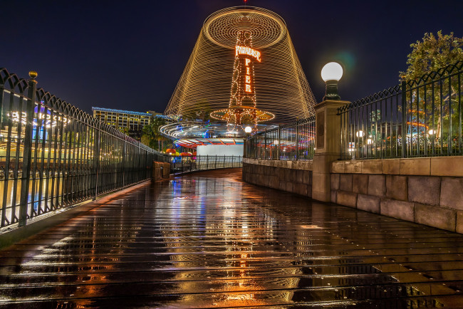 Обои картинки фото paradise pier after world of color, города, диснейленд, огни, фонари, мост, ночь