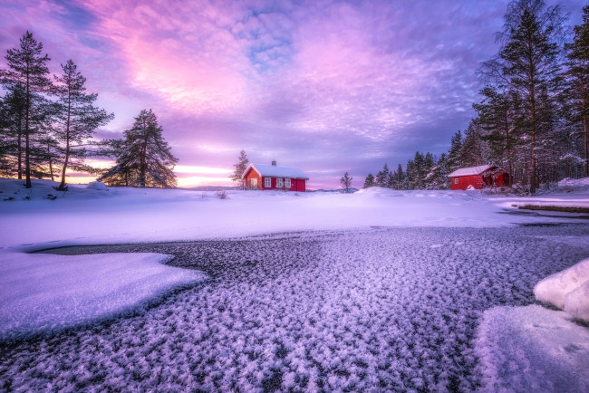 Обои картинки фото природа, зима, озеро, норвегия, norway, ringerike, рингерике, деревья, облака, дома, снег