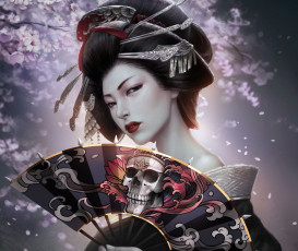 Картинка фэнтези девушки арт прическа заколки череп кимоно гейша девушка сакура reborn kagero веер