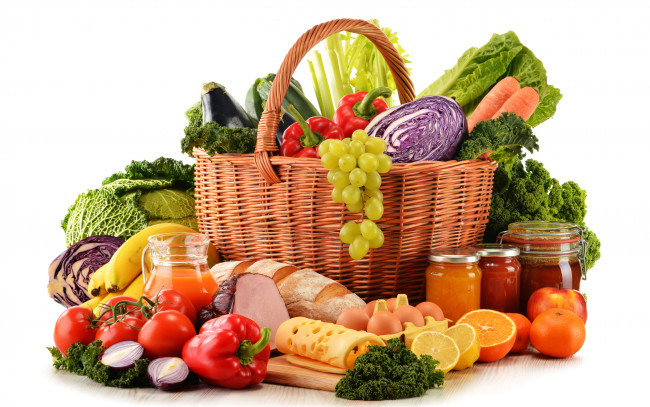 Обои картинки фото еда, натюрморт, корзина, с, овощами, и, продуктами