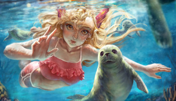 Картинка рисованное люди девочка фон котик вода