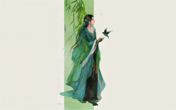 Картинка рисованное люди девушка ветки птица