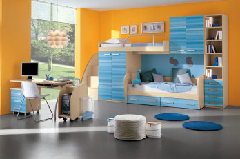 Картинка интерьер детская комната пуф кровать компьютер люстра стул стол