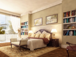Картинка 3д графика realism реализм подушки светильники кровать книги картины
