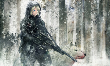 Картинка аниме weapon blood technology снег зима лес охота волк оружие охотник