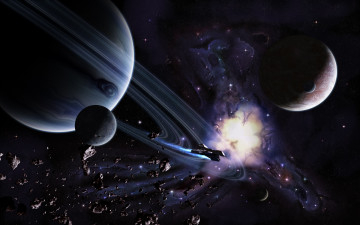 Картинка космос арт кольцо корабль планеты звезды