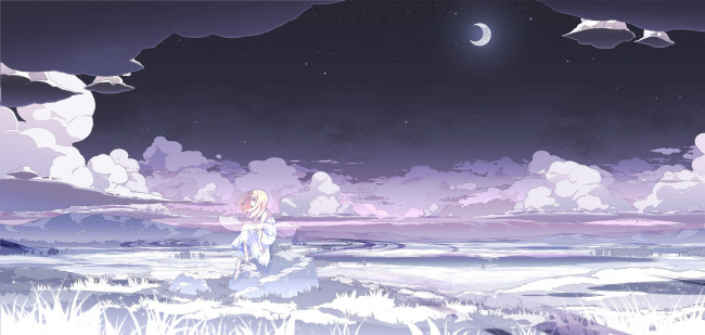 Обои картинки фото аниме, *unknown, другое, облака, месяц, природа, девушка, трава, ночь