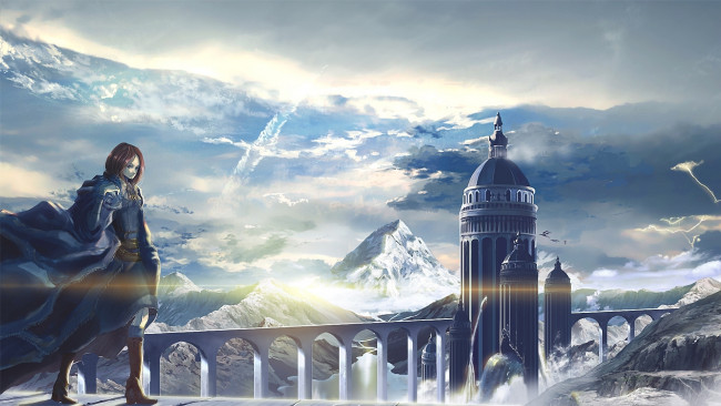Обои картинки фото аниме, *unknown, другое, мост, облака, молния, горы, небо, зима, замок, девушка