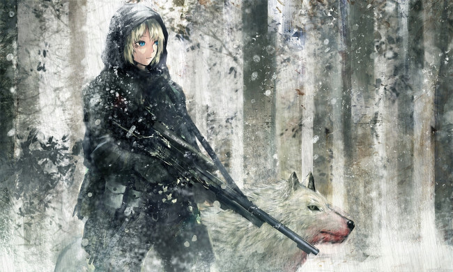 Обои картинки фото аниме, weapon, blood, technology, снег, зима, лес, охота, волк, оружие, охотник