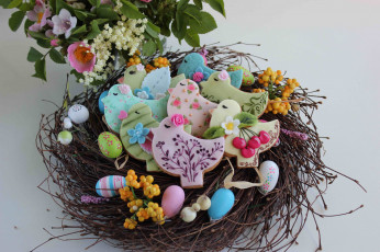 Картинка праздничные пасха птички цветы печенье гнездо