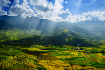 Картинка природа поля провинция на севере йенбай вьетнам облака сентябрь небо долина свет лучи осень