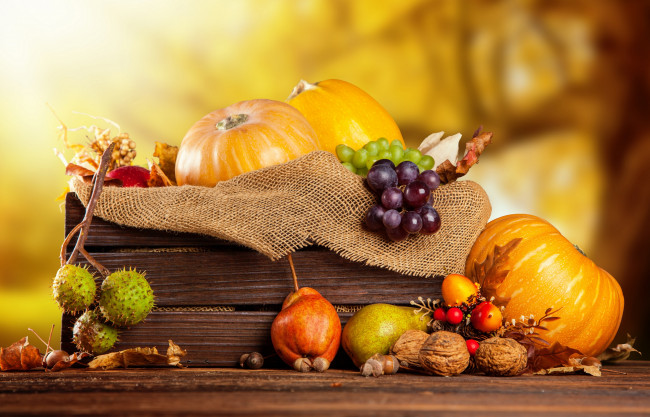 Обои картинки фото еда, фрукты и овощи вместе, виноград, груша, тыква, ящик, листья, орехи, грибы