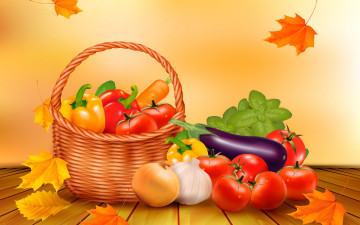 Картинка векторная+графика еда+ food harvest still life vegetables осень листья урожай тыква овощи корзина