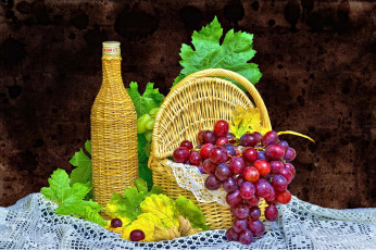 Картинка еда натюрморт виноград ягода корзина бутылка
