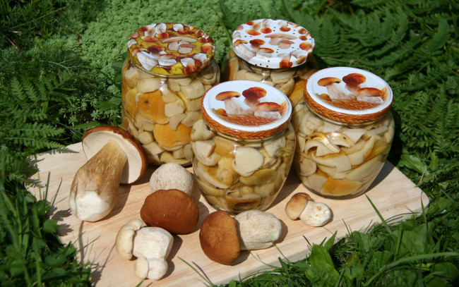 Обои картинки фото еда, грибы,  грибные блюда, консервированные, в, банках, на, разделочной, доске, со, свежими