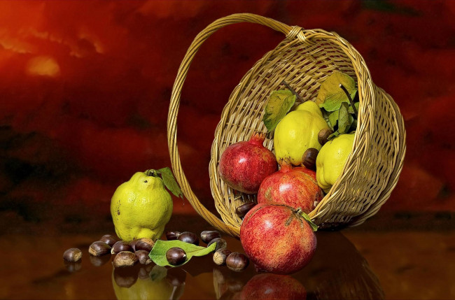 Обои картинки фото еда, цитрусы, фрукты, корзина, гранат, груша