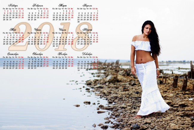 Обои картинки фото календари, девушки, босиком, водоем, камни