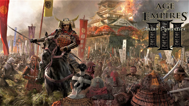 Обои картинки фото видео игры, age of empires iii,  the asian dynasties, самурай, всадник, войско, здание, пожар