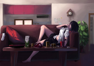 обоя аниме, *unknown, другое, комната, еда, девушка, лежит, диван, сигарета