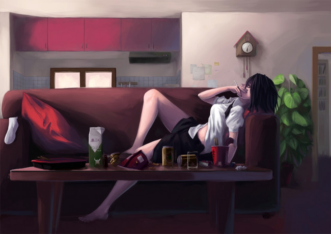 Обои картинки фото аниме, *unknown, другое, комната, еда, девушка, лежит, диван, сигарета