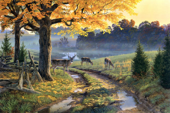 Картинка bend in the road рисованные al agnew олени дорога осень