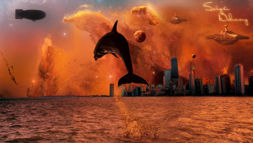 Картинка фэнтези иные миры времена космос город океан море дельфин планеты