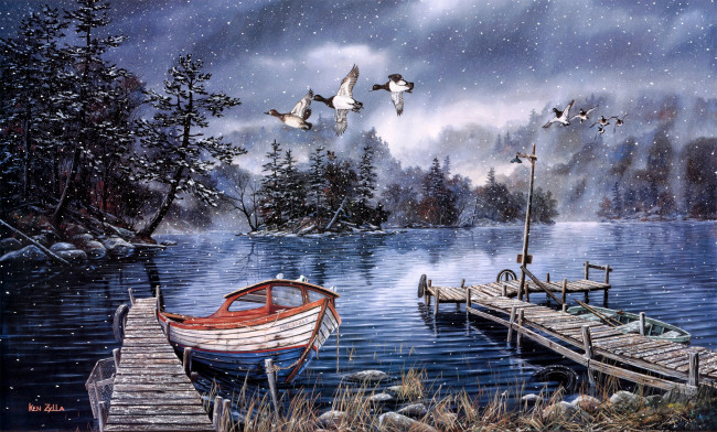 Обои картинки фото lake, of, the, woods, рисованные, ken, zylla, осень, поздняя, снег, первый