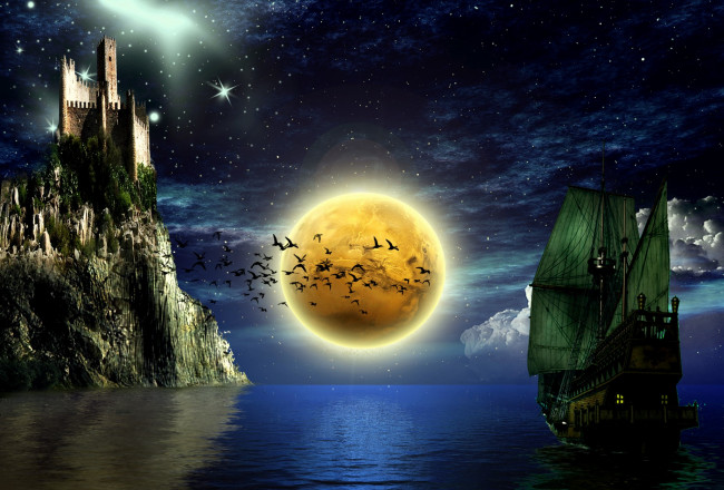 Обои картинки фото фэнтези, иные, миры, времена, птицы, луна, корабль, скала, океан