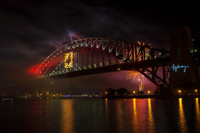 Обои картинки фото города, сидней, австралия, мост, река, огни, море, ночь