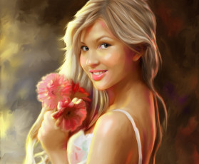 Картинка рисованные люди блондинка девушка улыбка цветы