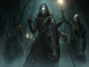 Картинка фэнтези люди меч лучница факел туман маски лошадь ночь лес