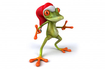 обоя 3д графика, юмор , humor, frog, funny, лягушка, santa, hat, christmas