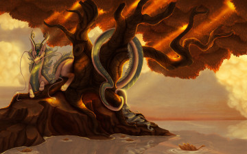 Картинка фэнтези драконы дерево листья желтые осень дракон островок